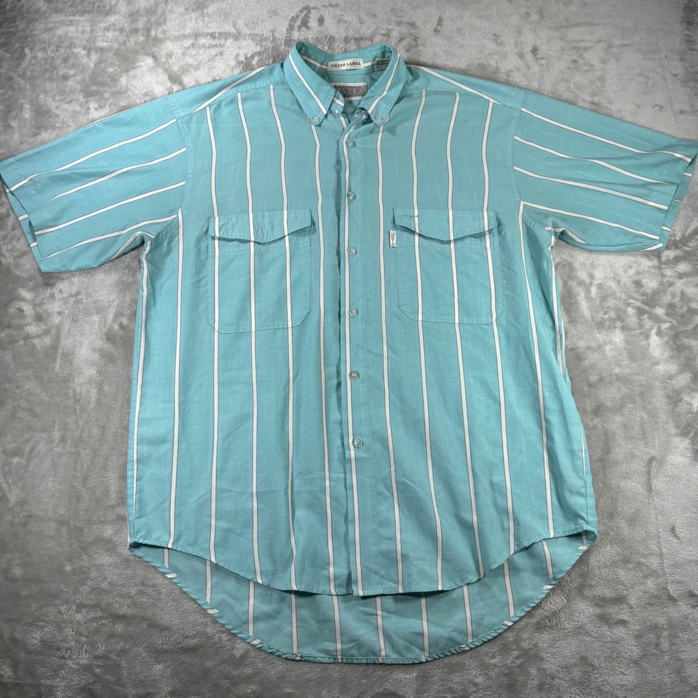 Levis Silver Tab Men Medium Turquoise White Striped Short Sleeve Button Down 90s